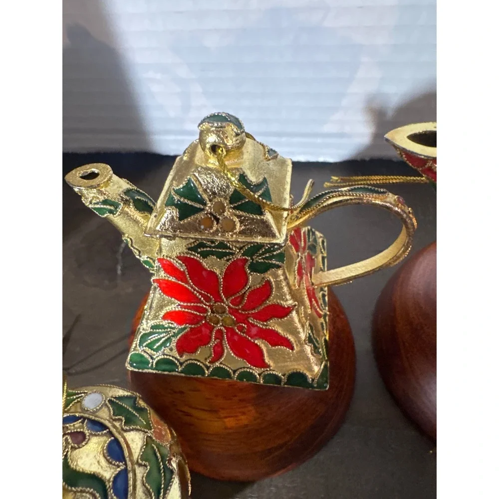 Cloisonne Enamel Teapot Christmas Ornaments Gold Poinsettia Holly Floral Set-5